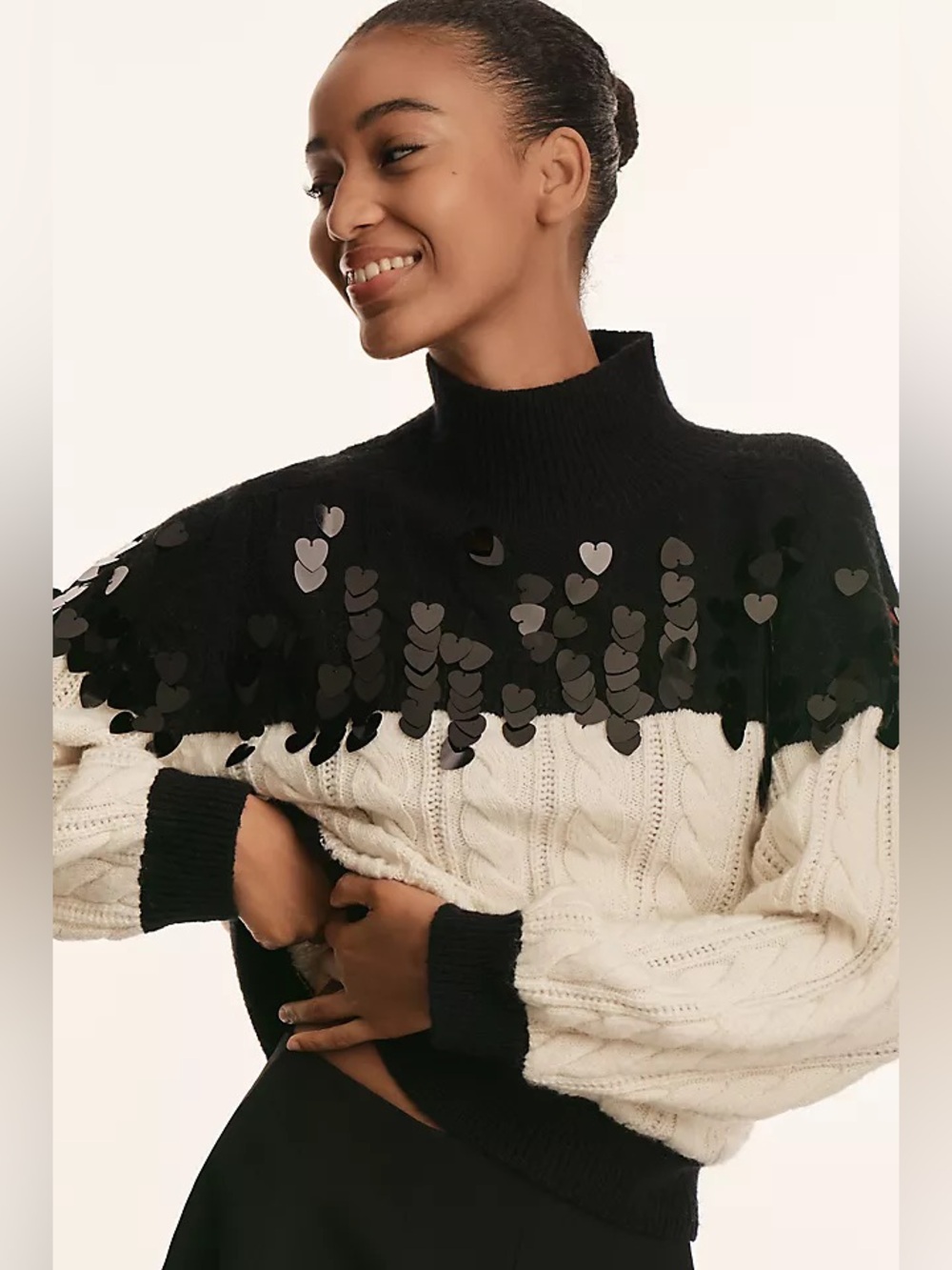 Anthropologie Cozy Coquette Sequin Heart Black White Chunky Sweater S